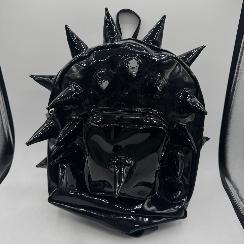 Demonia Lux Punk Goth Spike Spikey Black Patent Leather Vinyl Full Sz Backpack